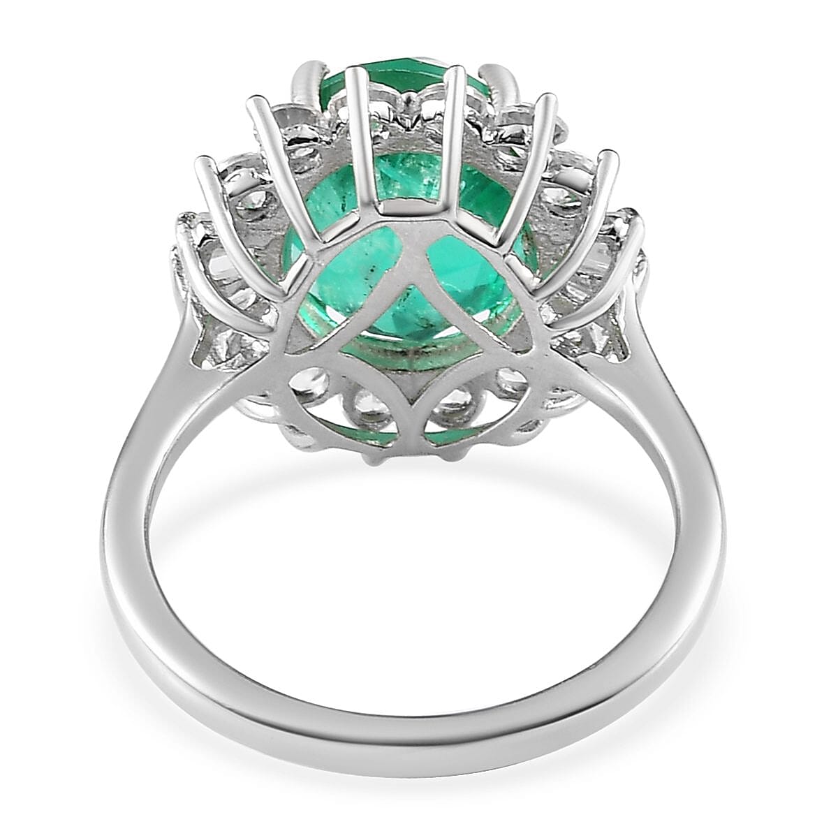 Emeraldine Quartz (Triplet) and White Zircon Sunburst Ring in Platinum Over Sterling Silver (Size 10.0) 7.00 ctw