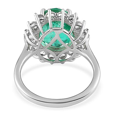 Emeraldine Quartz (Triplet) and White Zircon Sunburst Ring in Platinum Over Sterling Silver (Size 10.0) 7.00 ctw