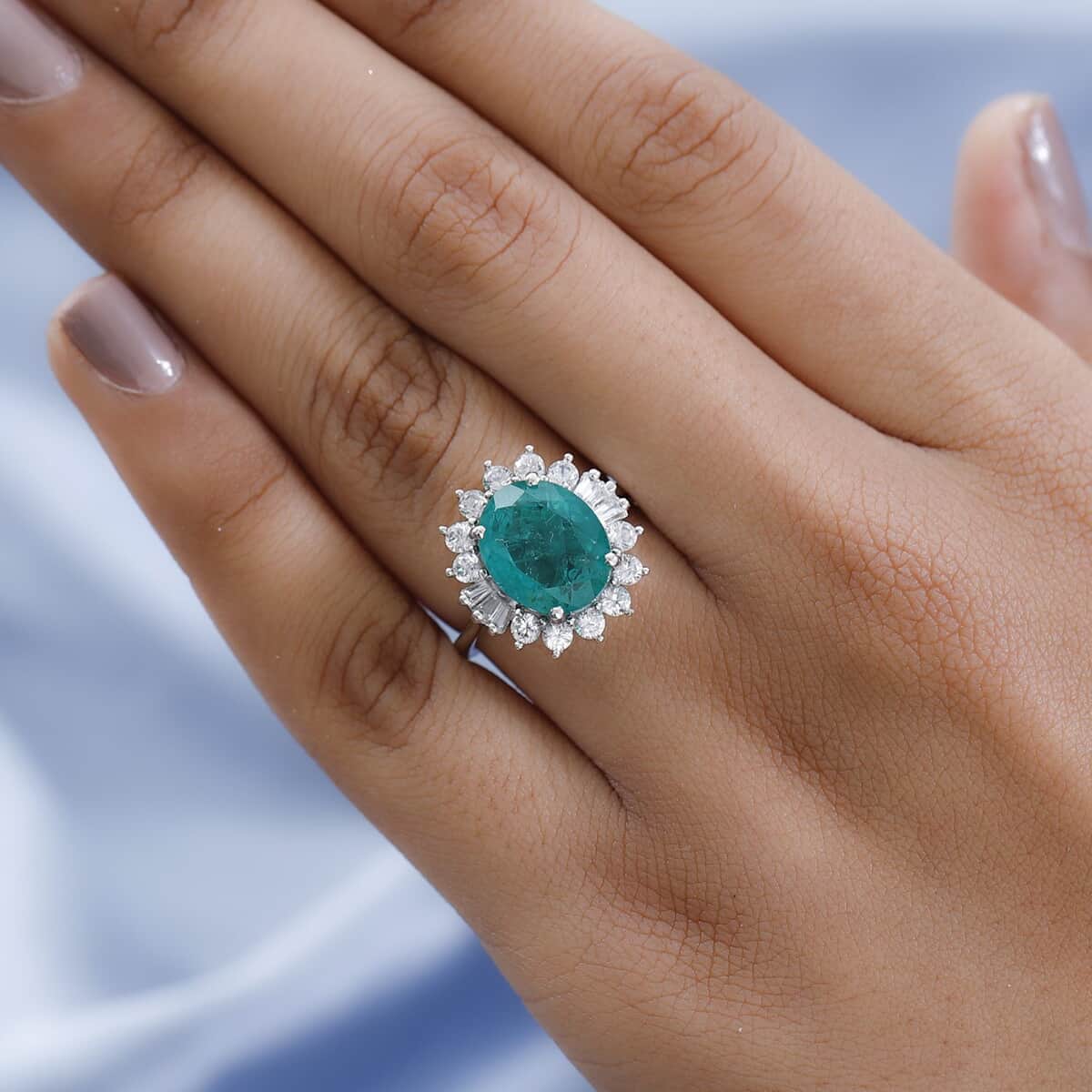 Emeraldine Quartz (Triplet) and White Zircon Sunburst Ring in Platinum Over Sterling Silver (Size 8.0) 7.00 ctw image number 2