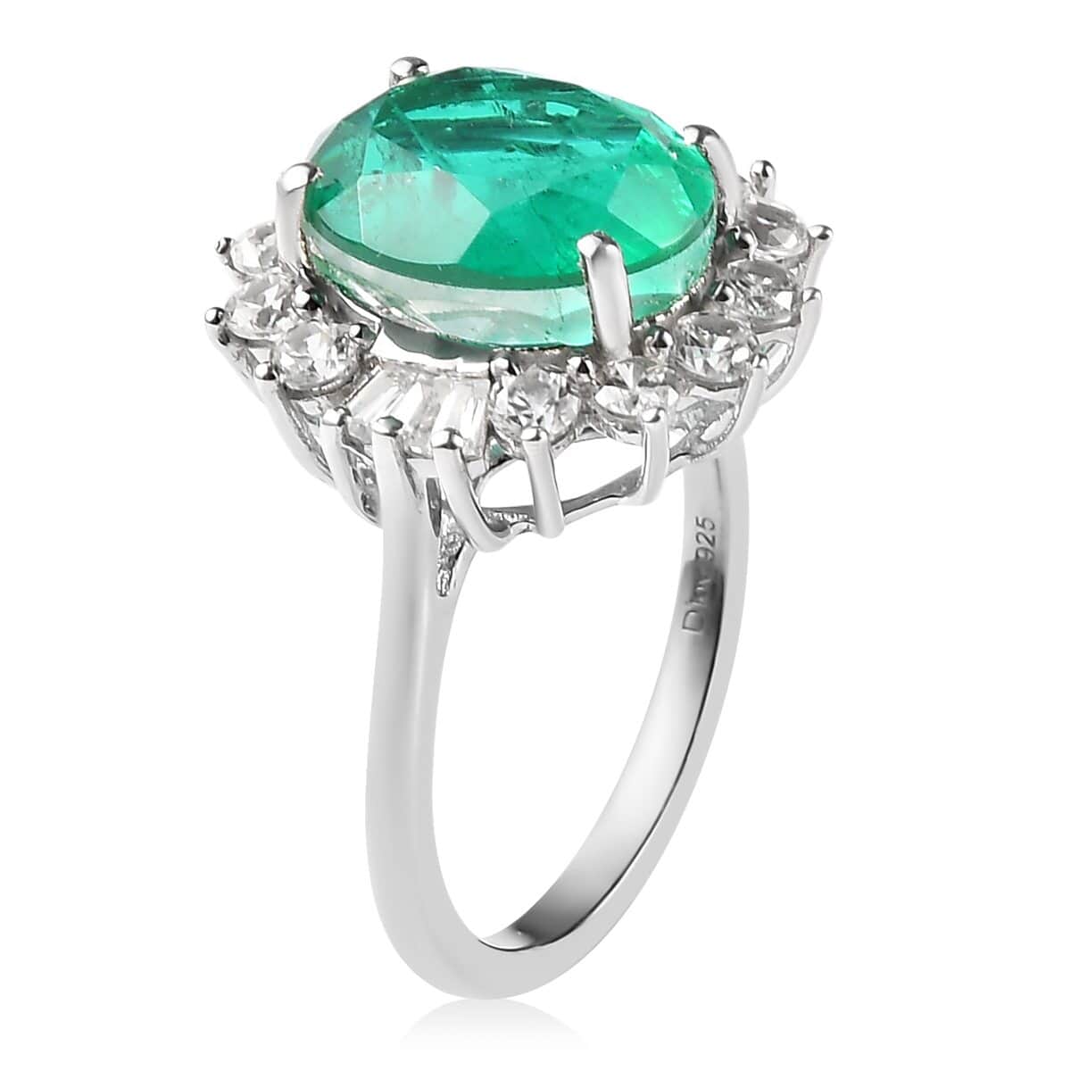 Emeraldine Quartz (Triplet) and White Zircon Sunburst Ring in Platinum Over Sterling Silver (Size 8.0) 7.00 ctw image number 3