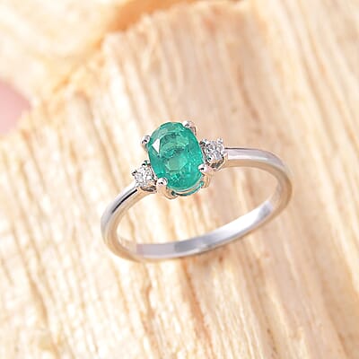 Emeraldine Quartz (Triplet) and Moissanite Ring in Platinum Over Sterling Silver (Size 10.0) 1.10 ctw