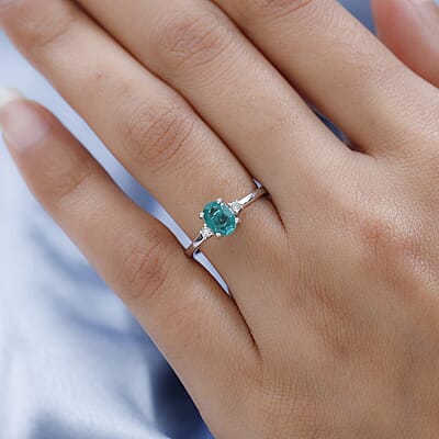 Emeraldine Quartz (Triplet) and Moissanite Ring in Platinum Over Sterling Silver (Size 10.0) 1.10 ctw