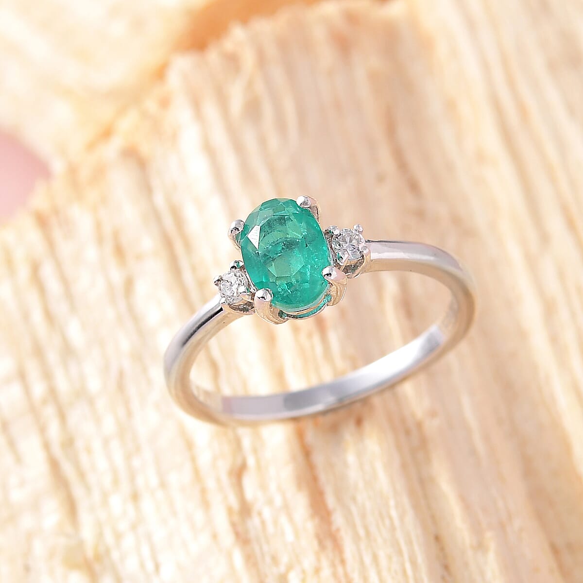 Emeraldine Quartz (Triplet) and Moissanite Ring in Platinum Over Sterling Silver (Size 8.0) 1.10 ctw image number 1