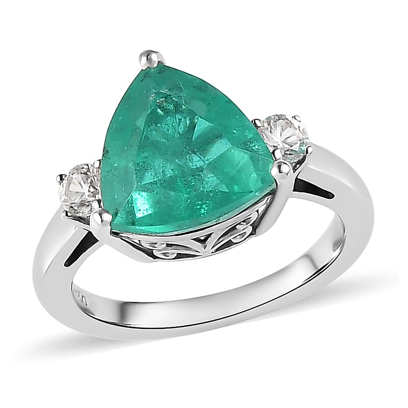 Emeraldine Quartz (Triplet) and White Zircon 3 Stone Ring in Platinum Over Sterling Silver (Size 10.0) 4.10 ctw