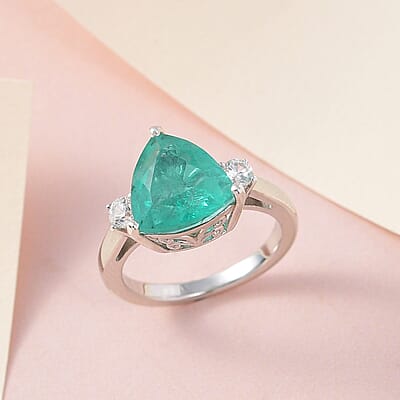 Emeraldine Quartz (Triplet) and White Zircon 3 Stone Ring in Platinum Over Sterling Silver (Size 10.0) 4.10 ctw