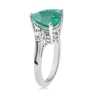Emeraldine Quartz (Triplet) and White Zircon 3 Stone Ring in Platinum Over Sterling Silver (Size 10.0) 4.10 ctw
