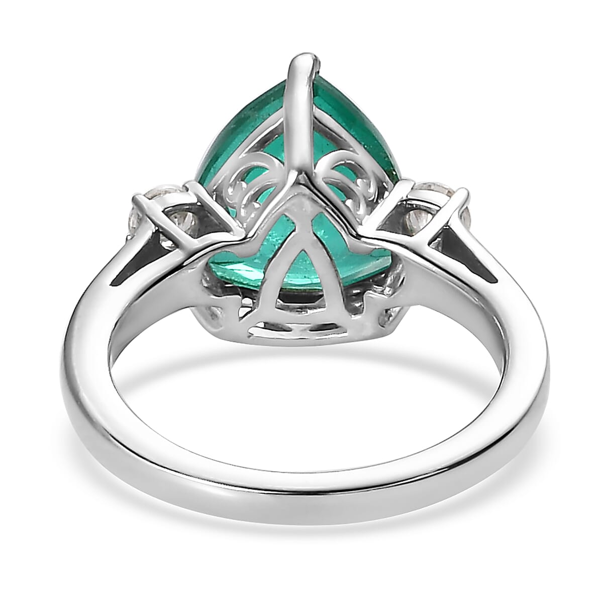 Emeraldine Quartz (Triplet) and White Zircon 3 Stone Ring in Platinum Over Sterling Silver (Size 10.0) 4.10 ctw