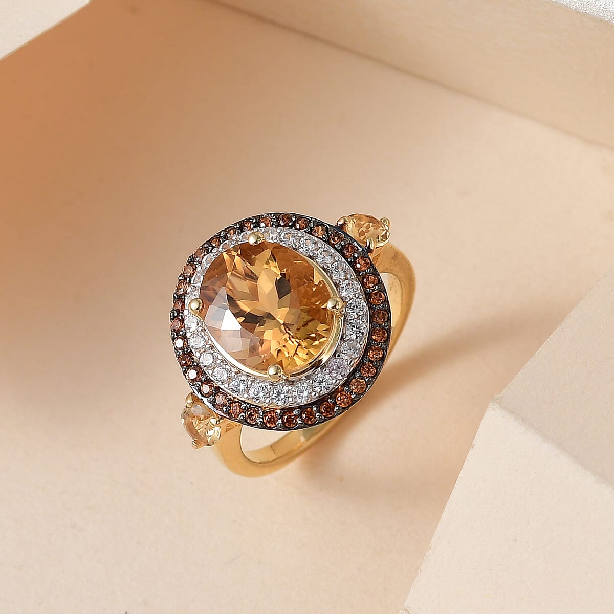 Golden Scapolite, Natural White and Brown Zircon Ring in Vermeil Yellow Gold Over Sterling Silver 4.40 ctw image number 1
