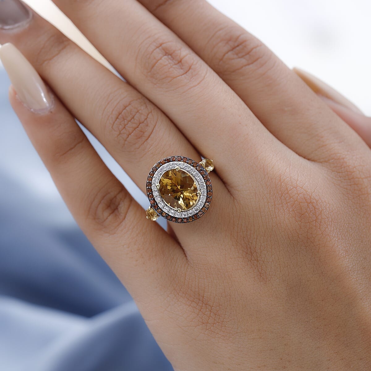 Golden Scapolite, Natural White and Brown Zircon Ring in Vermeil Yellow Gold Over Sterling Silver 4.40 ctw image number 2