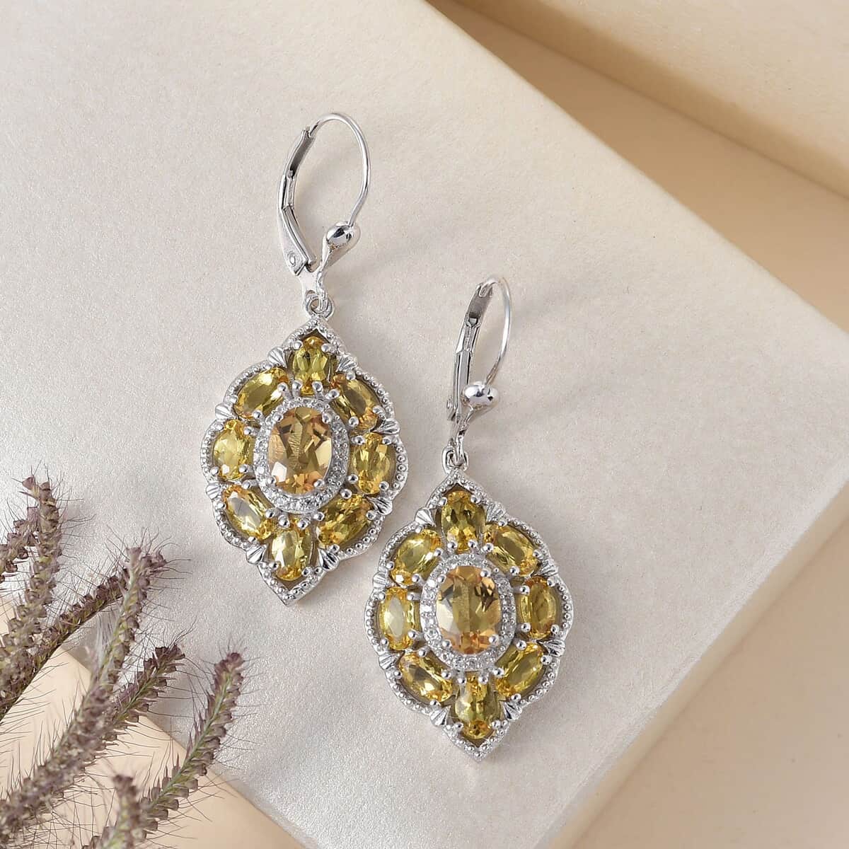 Golden Scapolite and White Zircon Lever Back Earrings in Platinum Over Sterling Silver 4.75 ctw image number 1