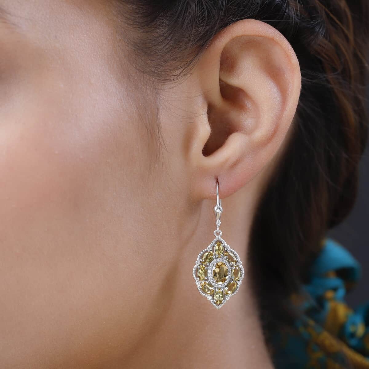 Golden Scapolite and White Zircon Lever Back Earrings in Platinum Over Sterling Silver 4.75 ctw image number 2
