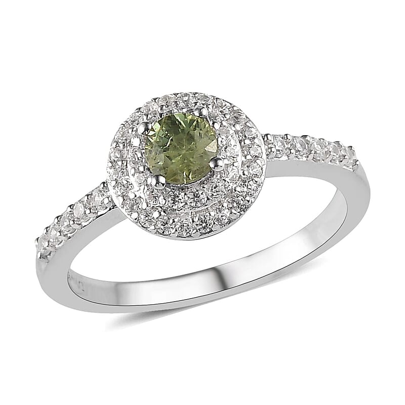 Ambanja Demantoid Garnet and White Zircon Double Halo Ring in Platinum Over Sterling Silver (Size 10.0) 0.75 ctw