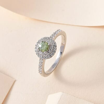 Ambanja Demantoid Garnet and White Zircon Double Halo Ring in Platinum Over Sterling Silver (Size 10.0) 0.75 ctw