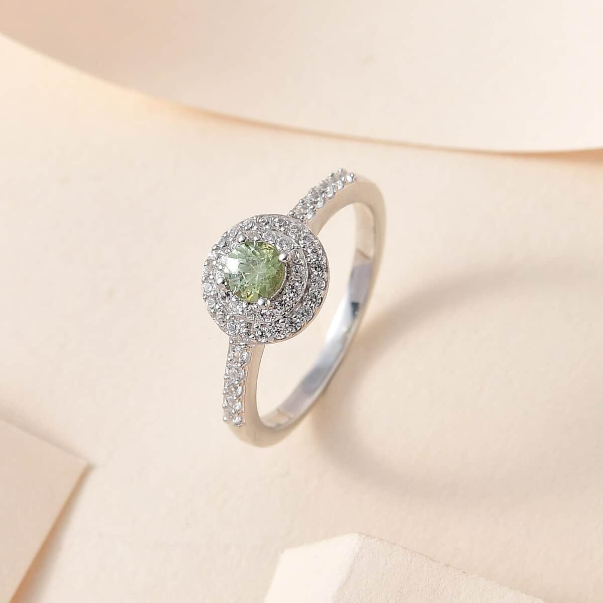 Ambanja Demantoid Garnet and White Zircon Double Halo Ring in Platinum Over Sterling Silver (Size 10.0) 0.75 ctw image number 1
