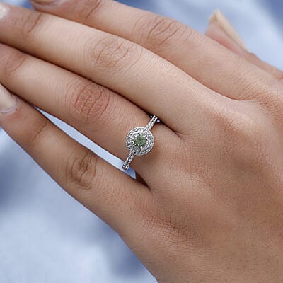 Ambanja Demantoid Garnet and White Zircon Double Halo Ring in Platinum Over Sterling Silver (Size 10.0) 0.75 ctw