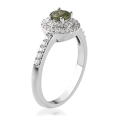 Ambanja Demantoid Garnet and White Zircon Double Halo Ring in Platinum Over Sterling Silver (Size 10.0) 0.75 ctw
