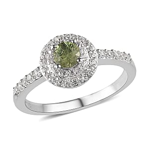 Ambanja Demantoid Garnet and White Zircon Double Halo Ring in Platinum Over Sterling Silver (Size 7.0) 0.75 ctw
