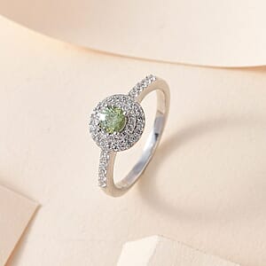 Ambanja Demantoid Garnet and White Zircon Double Halo Ring in Platinum Over Sterling Silver (Size 7.0) 0.75 ctw