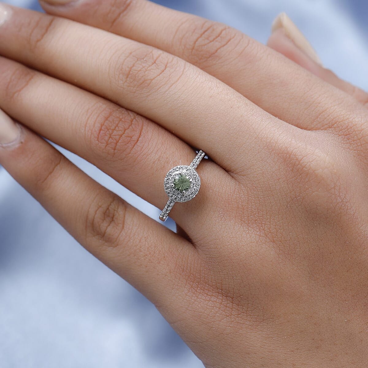 Ambanja Demantoid Garnet and White Zircon Double Halo Ring in Platinum Over Sterling Silver (Size 7.0) 0.75 ctw image number 2