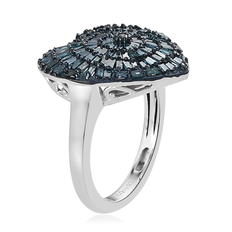 Blue Diamond Heart Ring in Rhodium & Platinum Over Sterling Silver (Size 10.0) 1.00 ctw