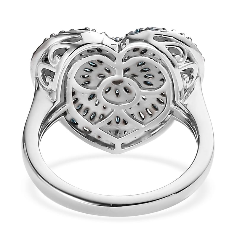 Blue Diamond Heart Ring in Rhodium & Platinum Over Sterling Silver (Size 10.0) 1.00 ctw