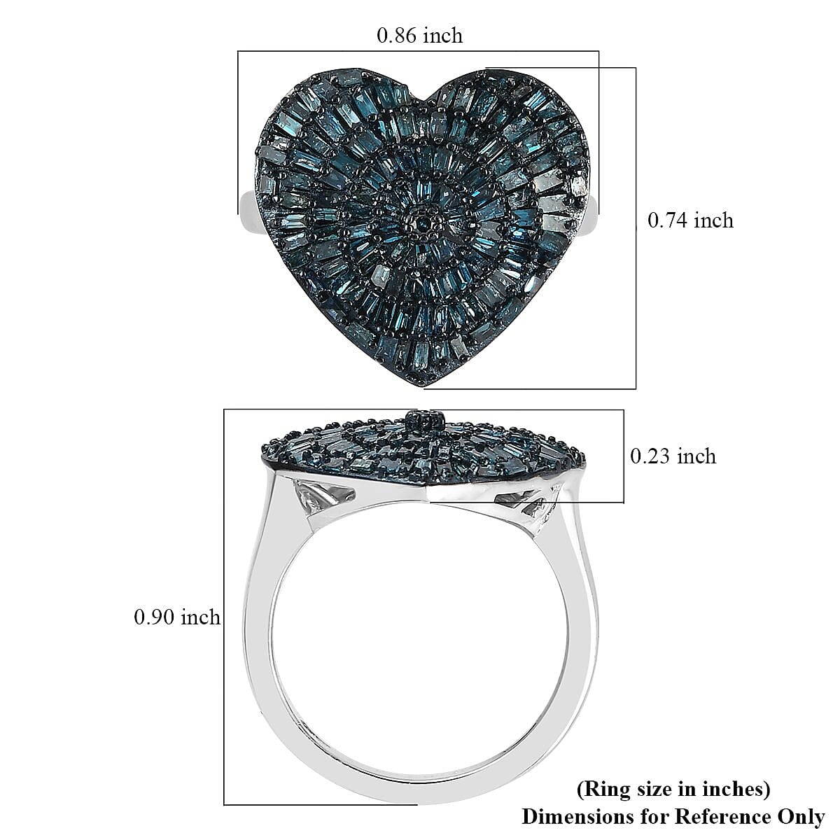 Blue Diamond Heart Ring in Rhodium & Platinum Over Sterling Silver (Size 10.0) 1.00 ctw