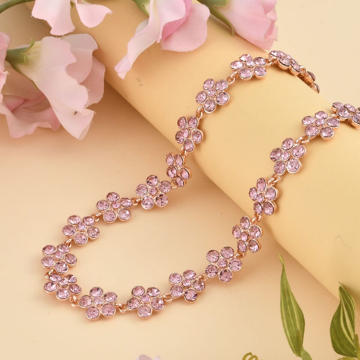 Pink Austrian Crystal Necklace in Rosetone 20-22 Inches image number 1