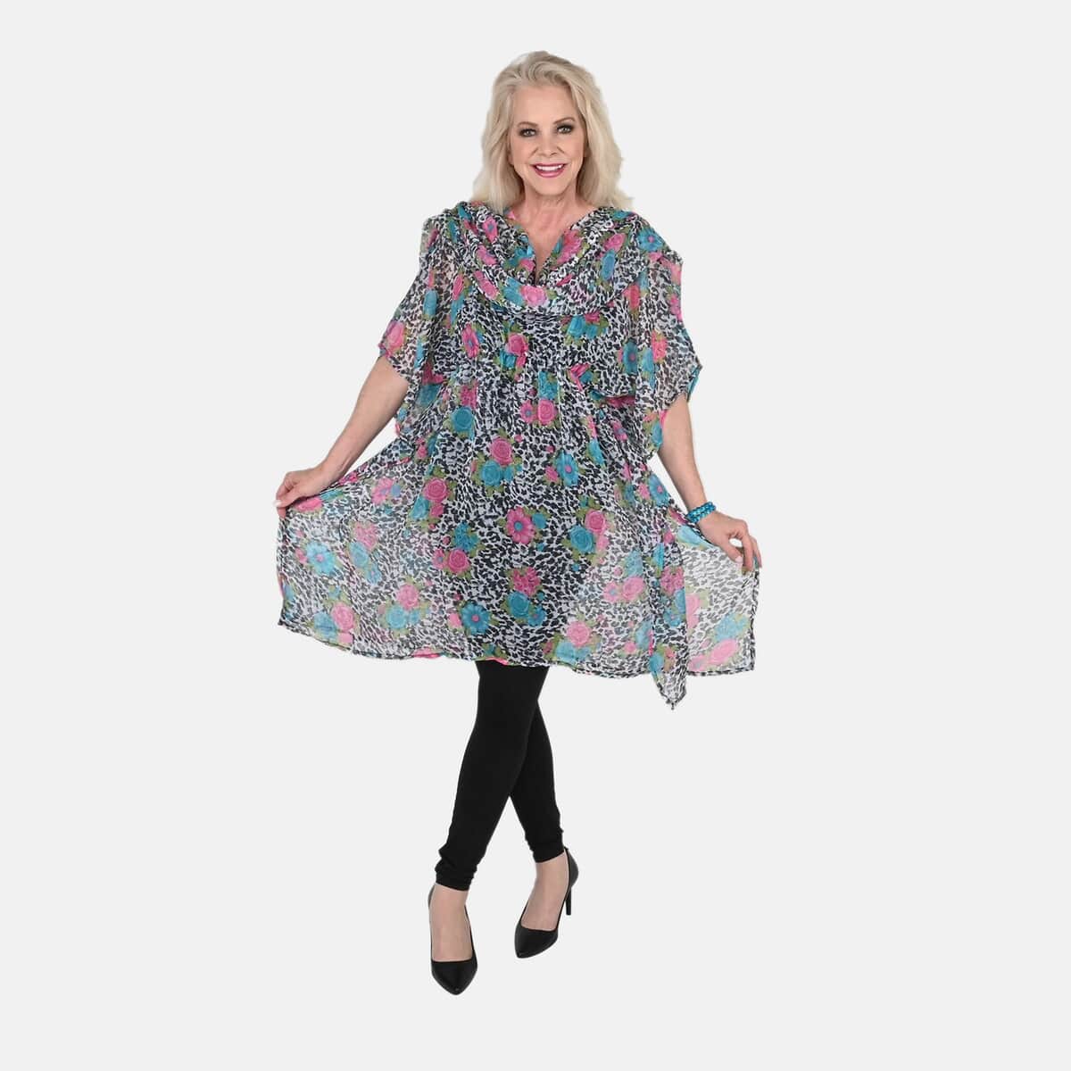 Tamsy Pink Teal Rose Print Poly Chiffon Kaftan (38X41) with Scarf (67X40) and 2pcs Matching Glass Beaded Stretch Bracelet image number 0