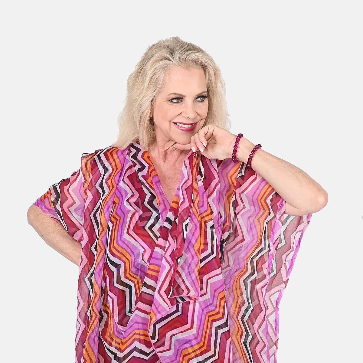 Tamsy Poly Chiffon Kaftan with Scarf and 2pcs Glass Beaded Bracelet image number 4