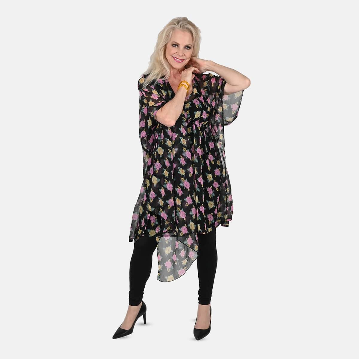 Tamsy Black and Pink Rose Print Poly Chiffon Kaftan with Scarf and 2pcs Matching Glass Beaded Stretch Bracelet image number 0