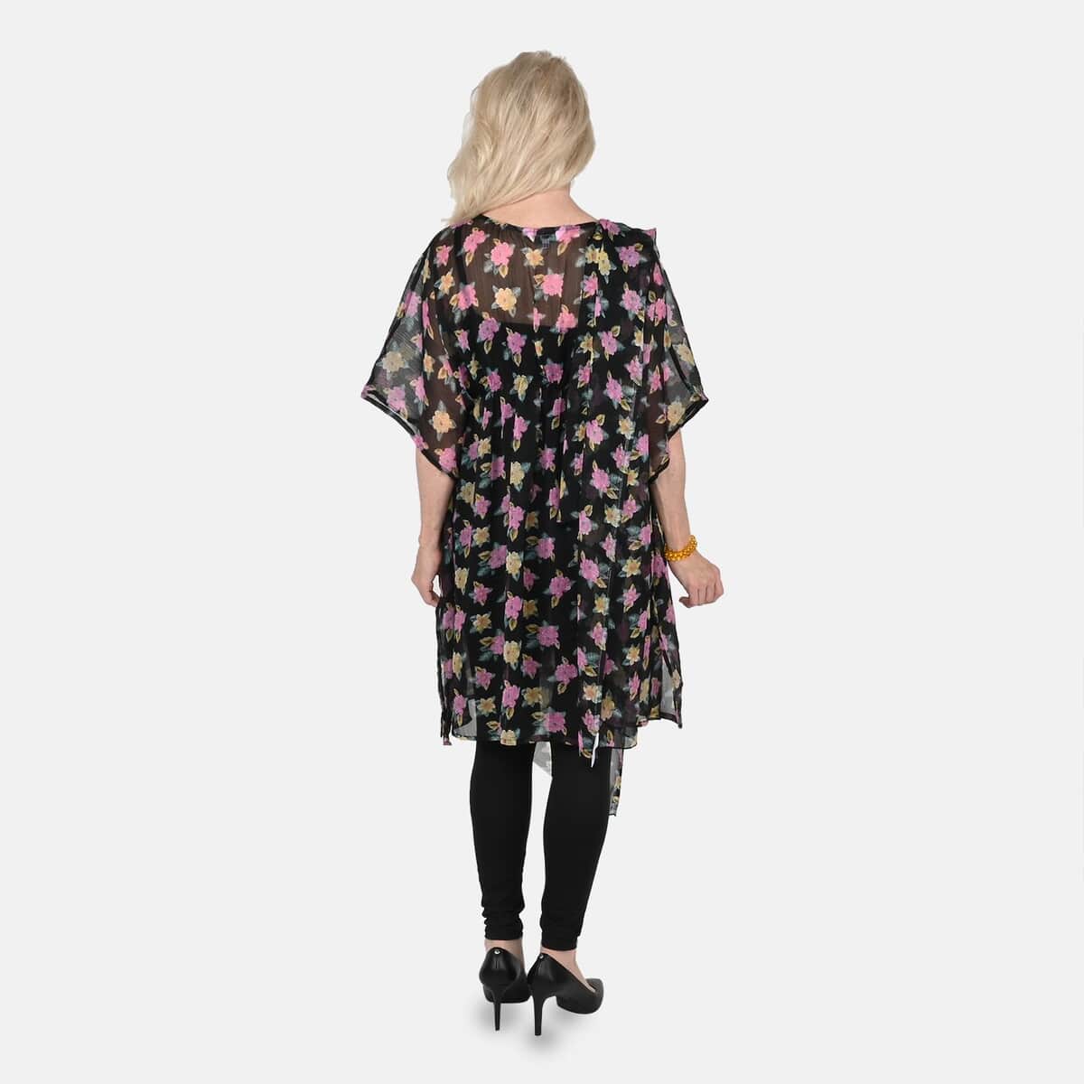 Tamsy Black and Pink Rose Print Poly Chiffon Kaftan with Scarf and 2pcs Matching Glass Beaded Stretch Bracelet image number 1