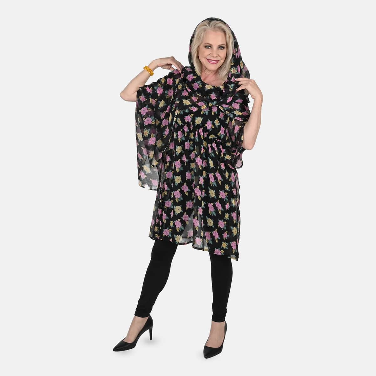 Tamsy Black and Pink Rose Print Poly Chiffon Kaftan with Scarf and 2pcs Matching Glass Beaded Stretch Bracelet image number 3