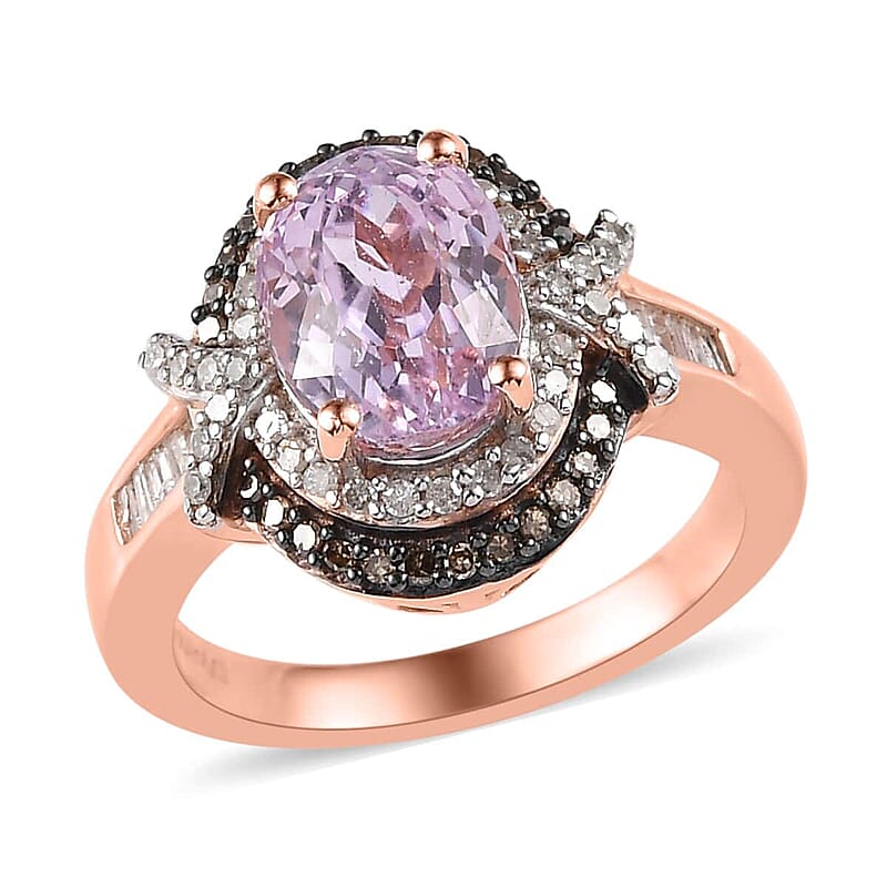Premium Martha Rocha Kunzite, Natural Champagne and White Diamond Double Halo Ring in Vermeil Rose Gold Over Sterling Silver (Size 6.0) 2.90 ctw