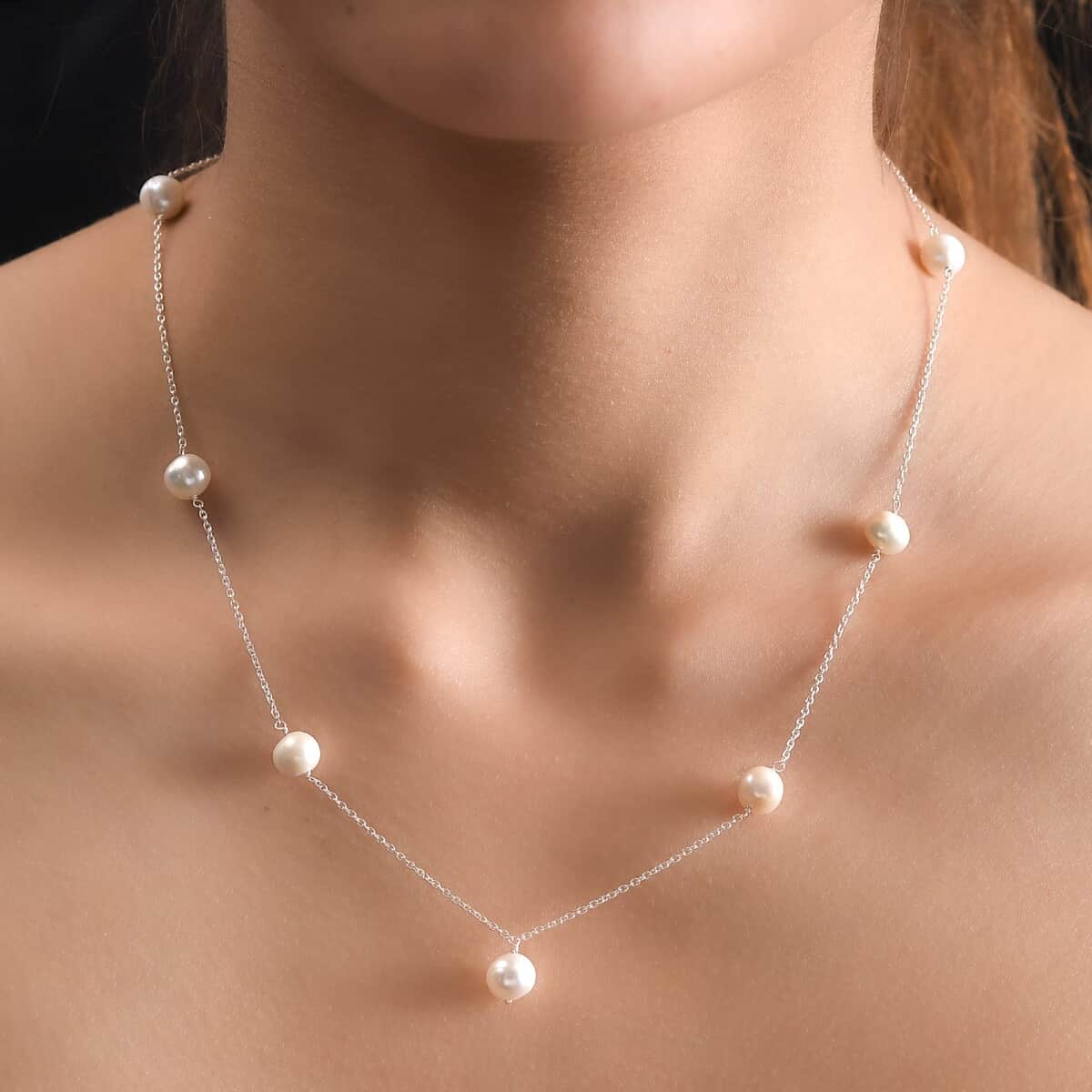White Freshwater Pearl Necklace 18 Inches in Sterling Silver image number 2