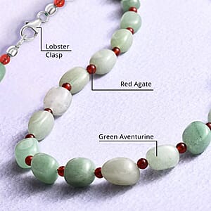 Green Aventurine, Red Agate Beaded Necklace 20 Inches in Sterling Silver 253.30 ctw