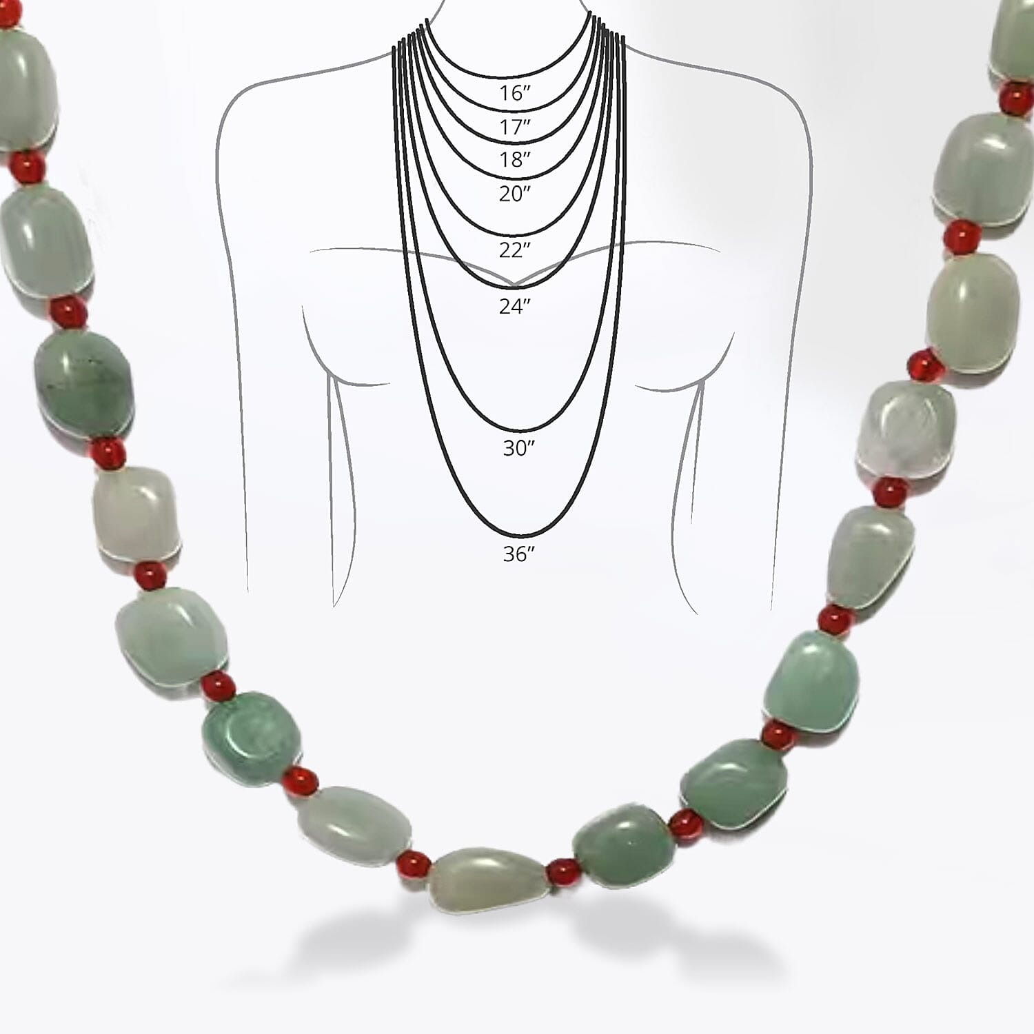 Green Aventurine, Red Agate Beaded Necklace 20 Inches in Sterling Silver 253.30 ctw