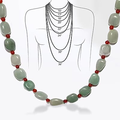 Green Aventurine, Red Agate Beaded Necklace 20 Inches in Sterling Silver 253.30 ctw
