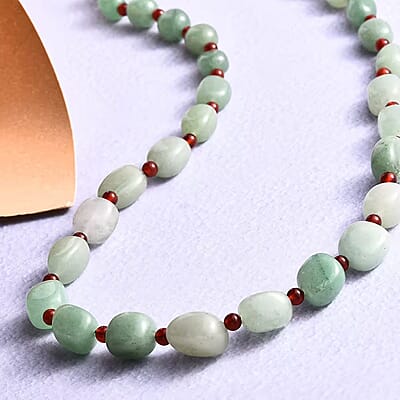 Green Aventurine, Red Agate Beaded Necklace 20 Inches in Sterling Silver 253.30 ctw