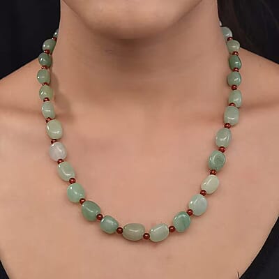 Green Aventurine, Red Agate Beaded Necklace 20 Inches in Sterling Silver 253.30 ctw