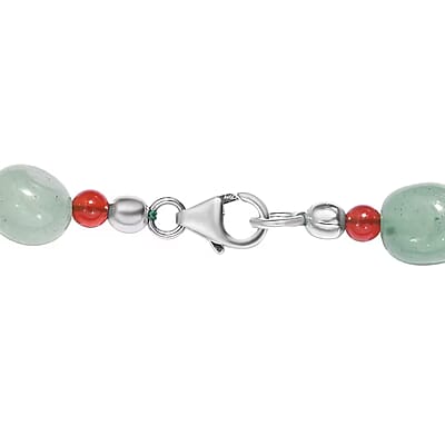 Green Aventurine, Red Agate Beaded Necklace 20 Inches in Sterling Silver 253.30 ctw