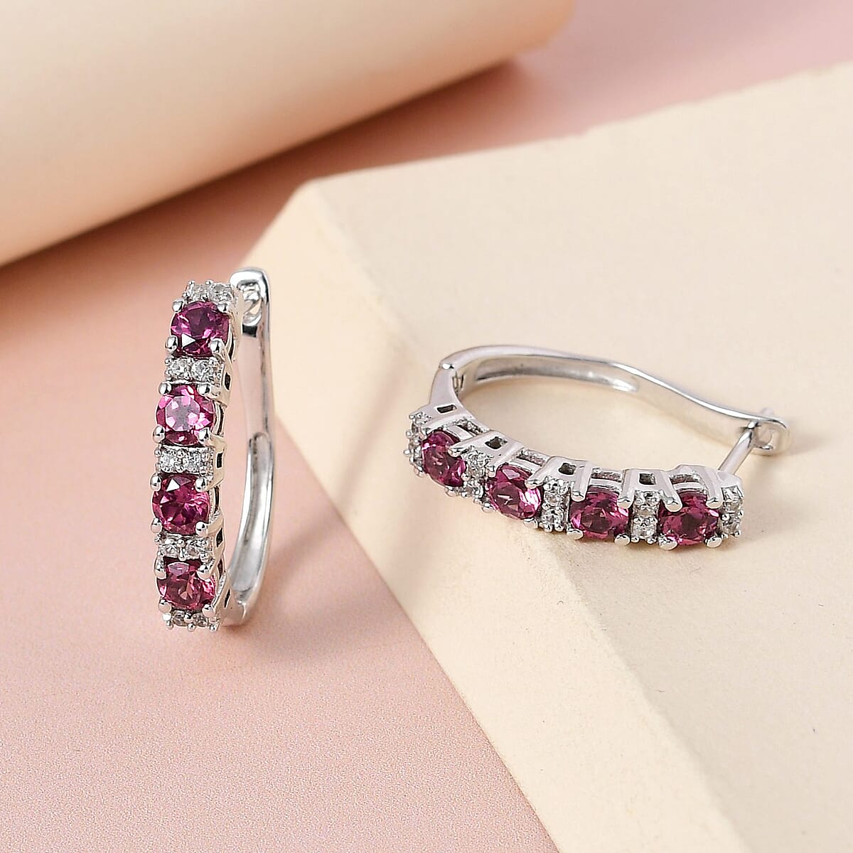 Tanzanian Wine Garnet and White Zircon Hoop Earrings in Platinum Over Sterling Silver 2.00 ctw image number 1