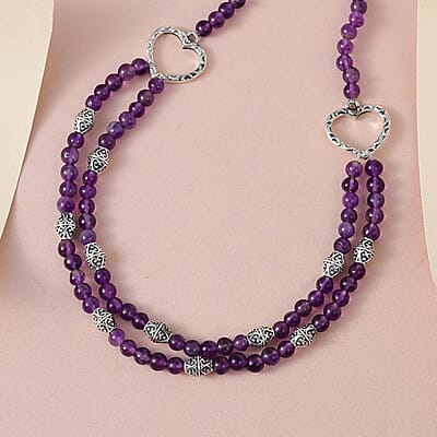 Amethyst Beaded 2 Row Necklace 18 Inches in Sterling Silver 59.00 ctw