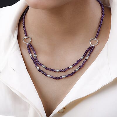 Amethyst Beaded 2 Row Necklace 18 Inches in Sterling Silver 59.00 ctw