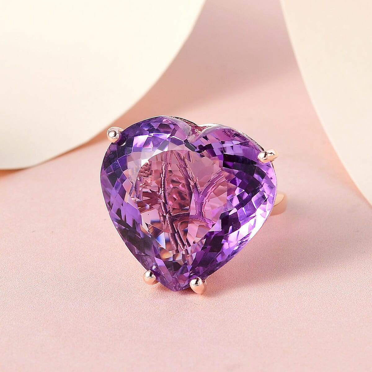 TLV Rose De France Amethyst Solitaire Heart Shape Ring in Vermeil RG Over Sterling Silver (Size 10.0) 49.15 ctw image number 1