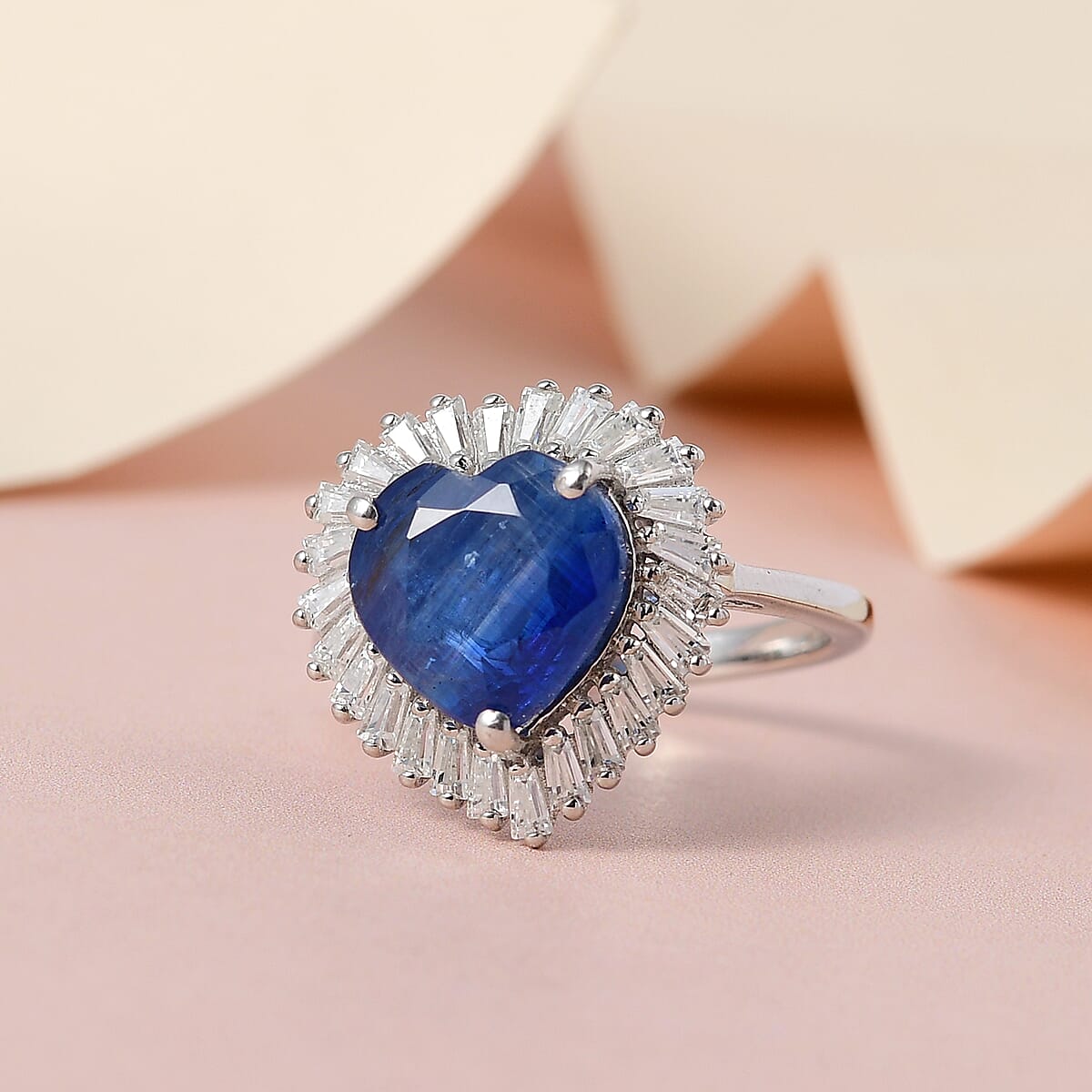 Kashmir Kyanite and Moissanite Heart Halo Ring in Platinum Over Sterling Silver 5.25 ctw image number 1