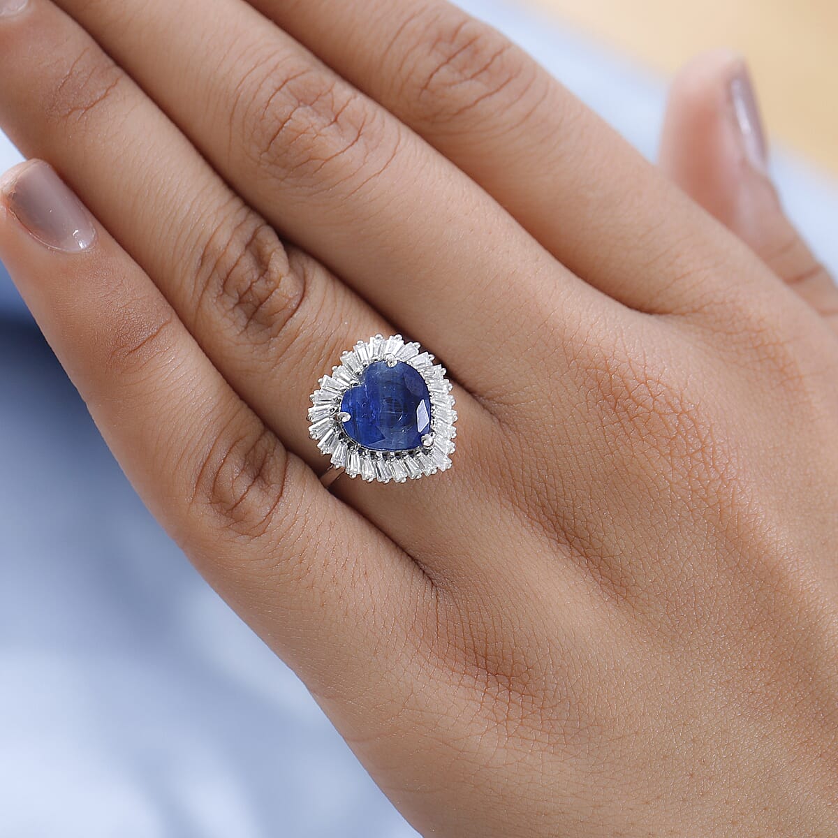 Kashmir Kyanite and Moissanite Heart Halo Ring in Platinum Over Sterling Silver 5.25 ctw image number 2