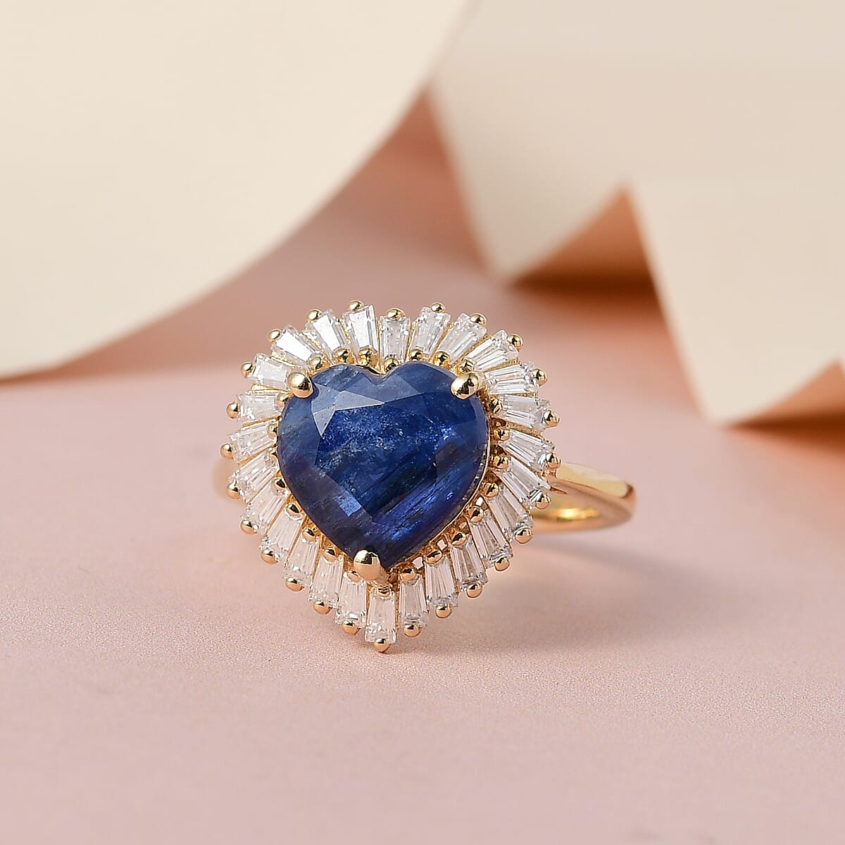 Kashmir Kyanite and Moissanite Heart Halo Ring in Vermeil Yellow Gold Over Sterling Silver (Size 8.0) 5.25 ctw image number 1