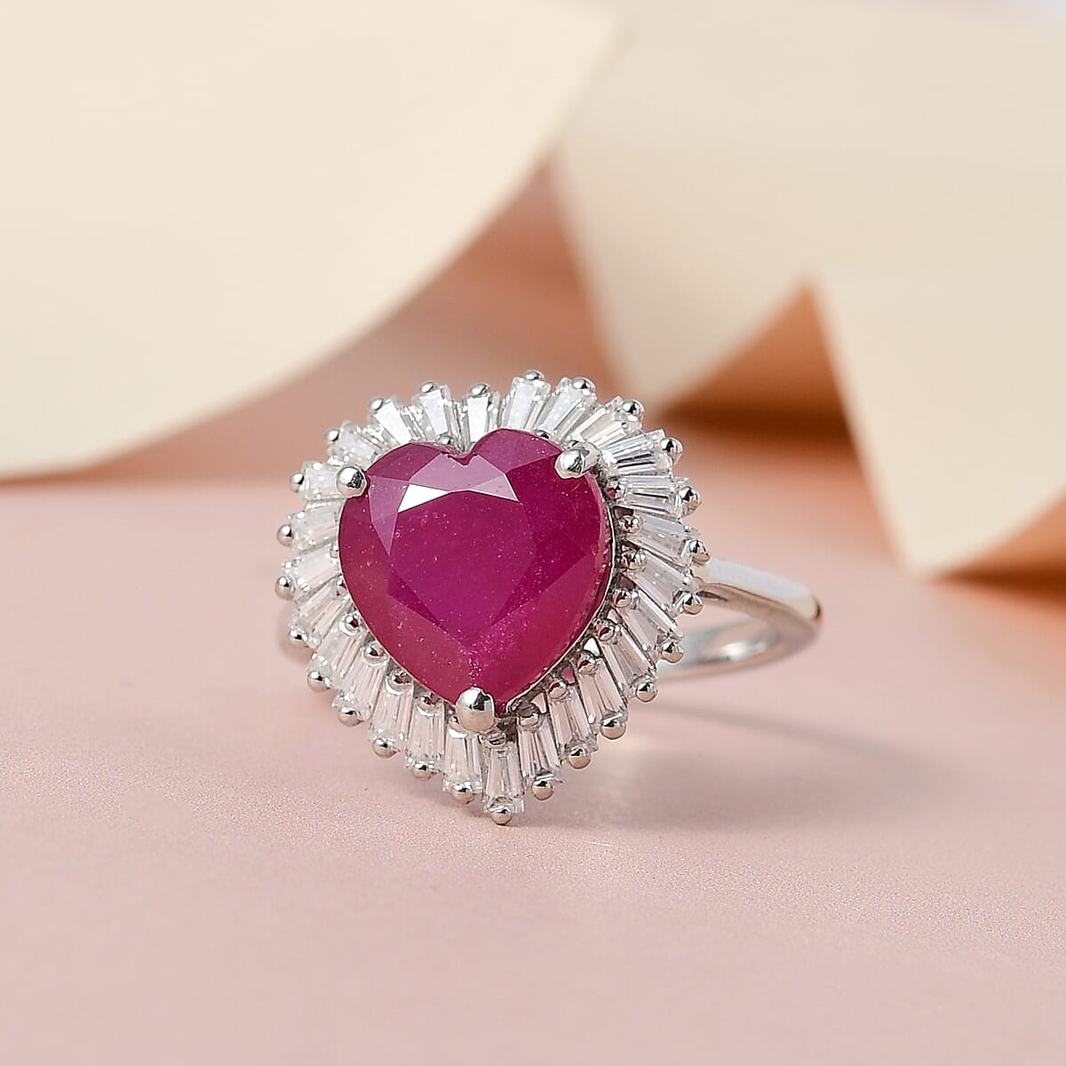 AAA Niassa Ruby (FF) and Moissanite Heart Halo Ring in Platinum Over Sterling Silver 6.10 ctw image number 1