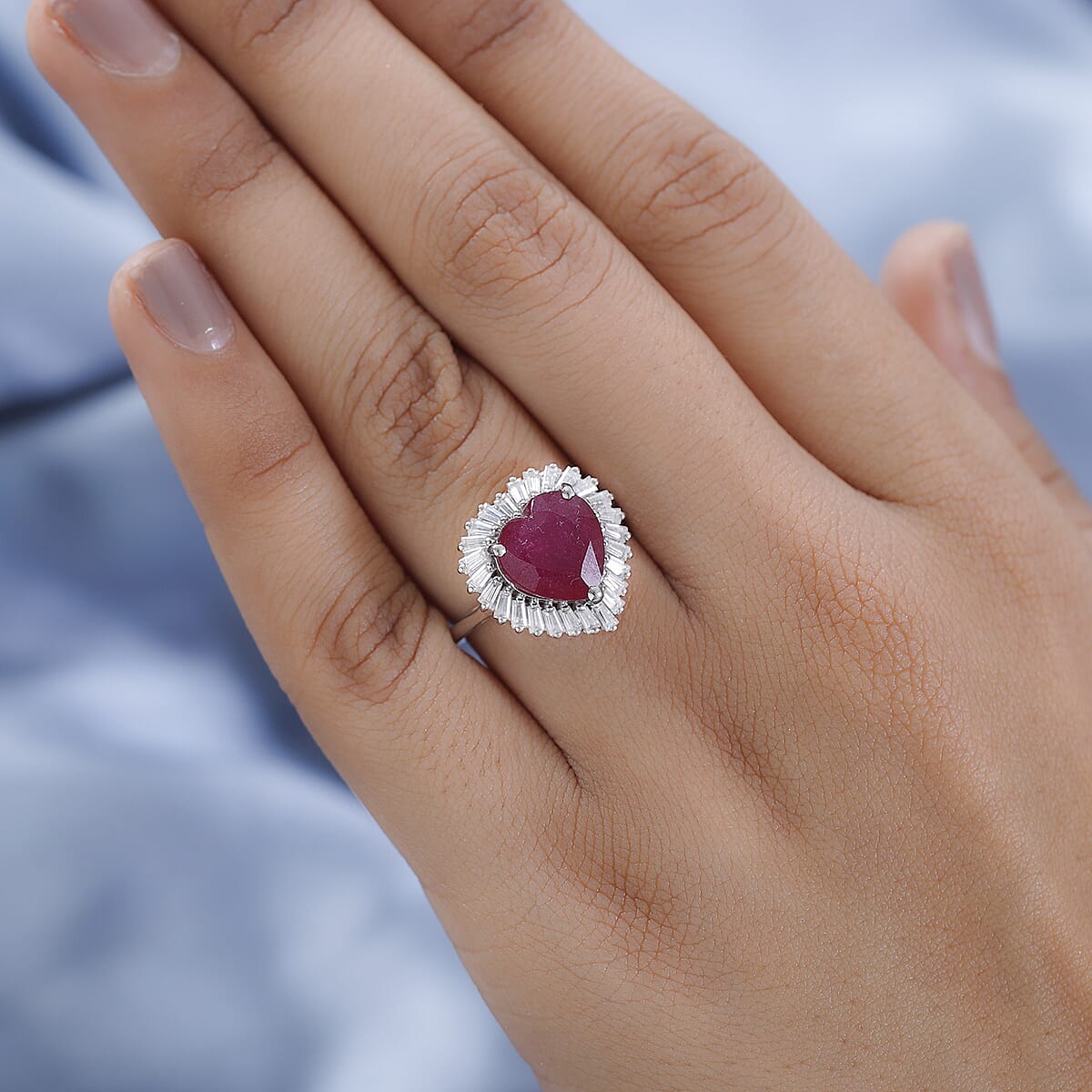 AAA Niassa Ruby (FF) and Moissanite Heart Halo Ring in Platinum Over Sterling Silver 6.10 ctw image number 2