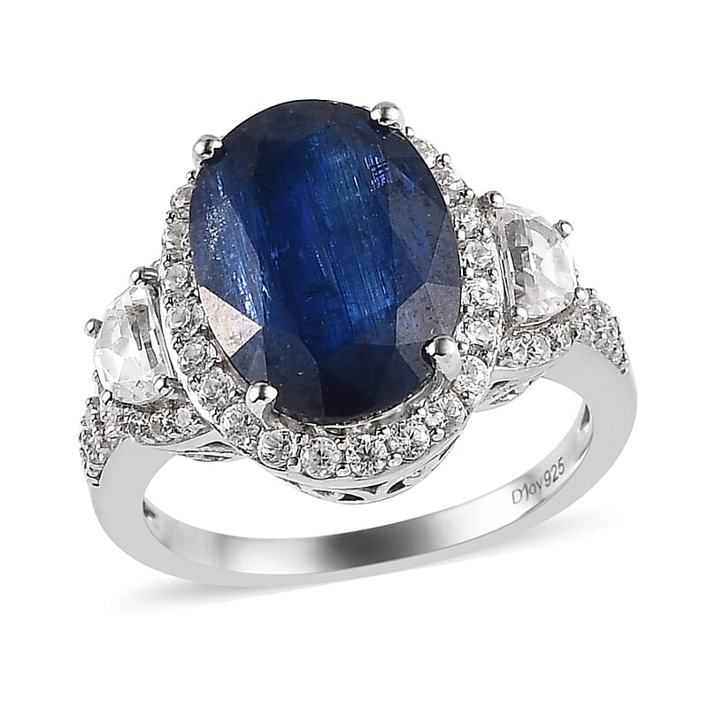 Kashmir Kyanite and White Zircon Halo Ring in Platinum Over Sterling Silver (Size 10.0) 10.40 ctw